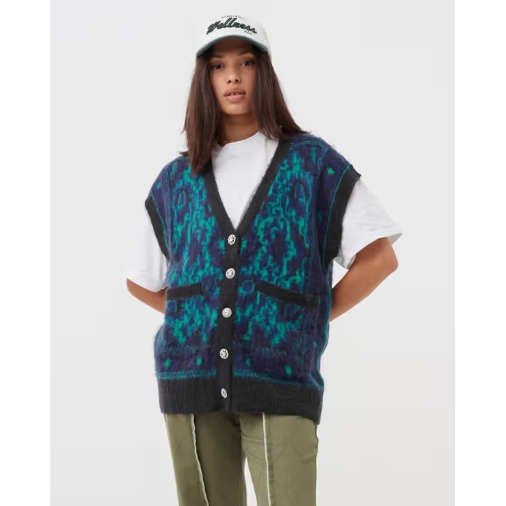 Melody Ehsani Babas Fuzzy Vest Sweater Button Front Navy Teal Green Size Small